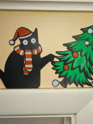Christmas door decoration with black cat and tree new