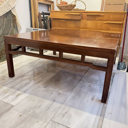 Vintage coffee table with glass used, solid wood 100x100