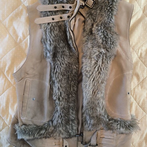 Topshop real leather vest used, aviator style with faux fur trim
