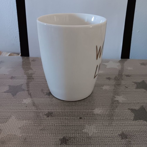 White mug with message like new, "WITH LOVE"