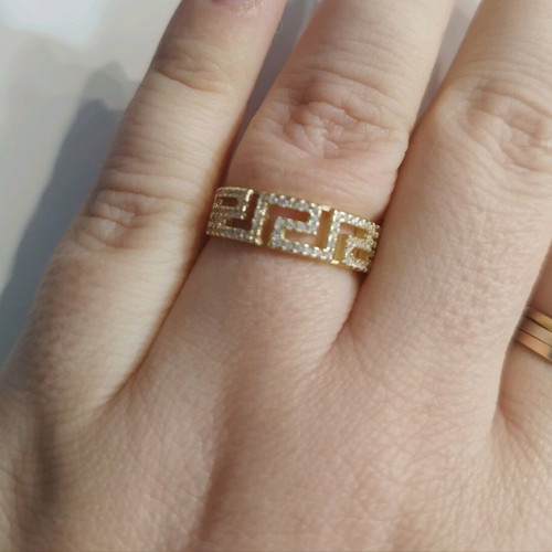 Ring with meander design and stones, 925 silver, gold color, new