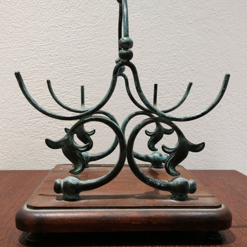 Handmade Italian Bottle Holder Made of Brass and Wood