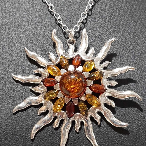 Sun pendant with Baltic amber in 925 silver, new, unworn