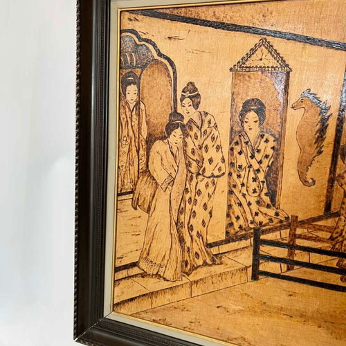 Vintage pyrography wall art with Chinese wedding scene, artist signed, 70x114