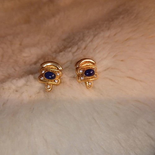 Vintage 14k gold earrings with dark blue stone and zircons, like new
