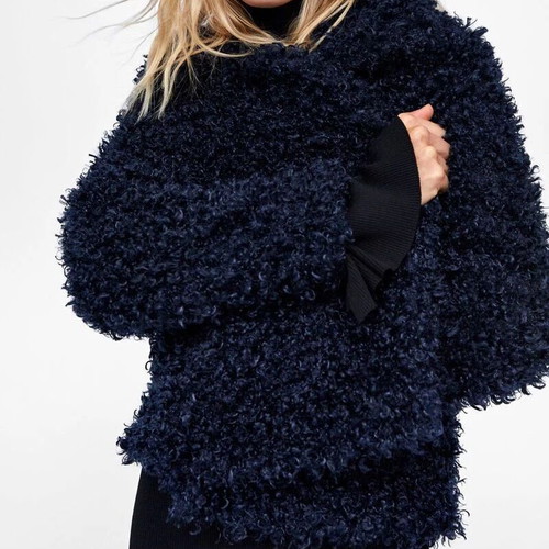 Zara navy blue fluffy buckle curly fur jacket used