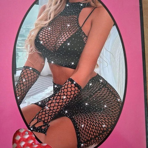Women's fishnet lingerie set with rhinestones, four pieces, black and red, like new