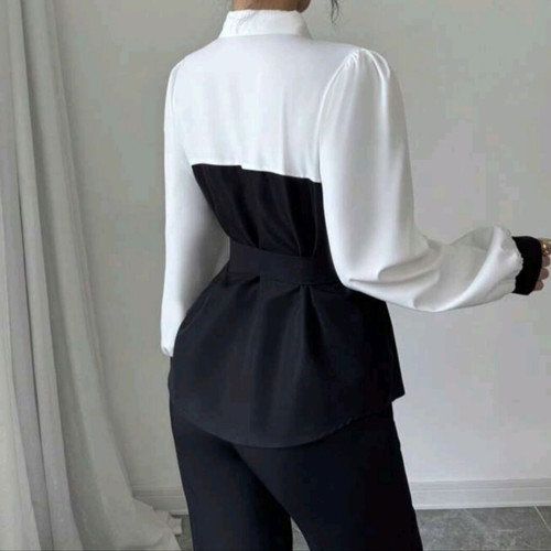 Black and white blouse with belt medium new
