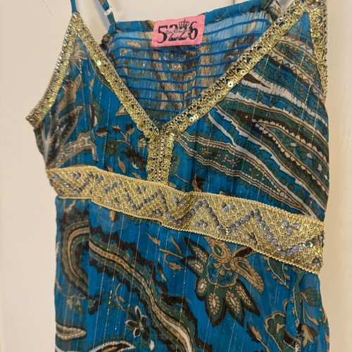 Celia Kritharioti 5226 vintage mini dress blue gold shiny, like new