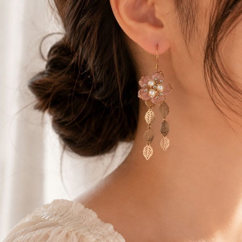 Statement Earrings Romantic Willow handmade, pink flower and dangling leaves