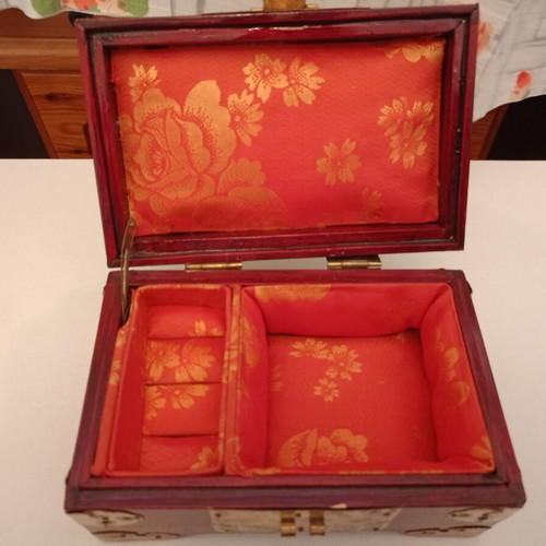 Wooden jewelry box used, red and gold