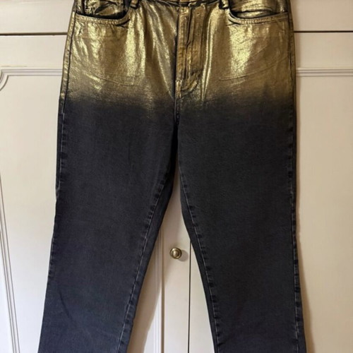 Zara high-waisted Z1975 jeans straight foil line like new, two-tone black and gold