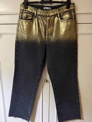 Zara high-waisted Z1975 jeans straight foil line like new, two-tone black and gold