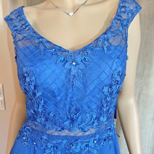 Long blue evening dress with embroidered lace bust and V back