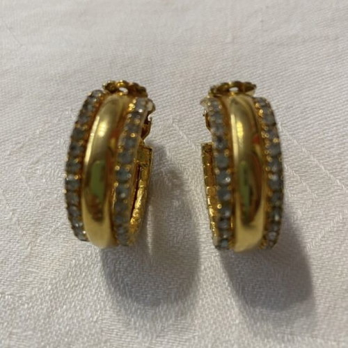Vintage women's hoop earrings like new, gold tone with double row of zircons