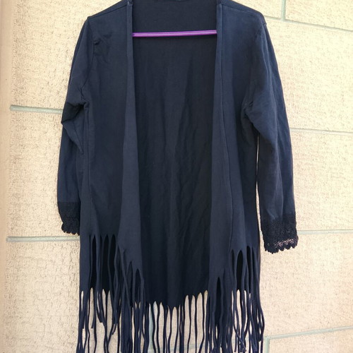 Black women's cardigan with fringe and lace detail, boho casual