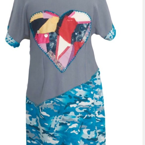Handmade patchwork dress with heart and blue camouflage new