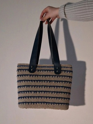 Handmade knitted tote bag shoulder beige and blue new