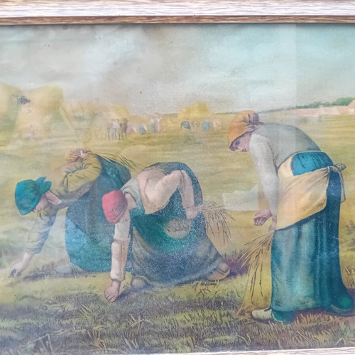 Vintage lithograph framed print used, copy of Jean-Fransois Millet's The Gleaners