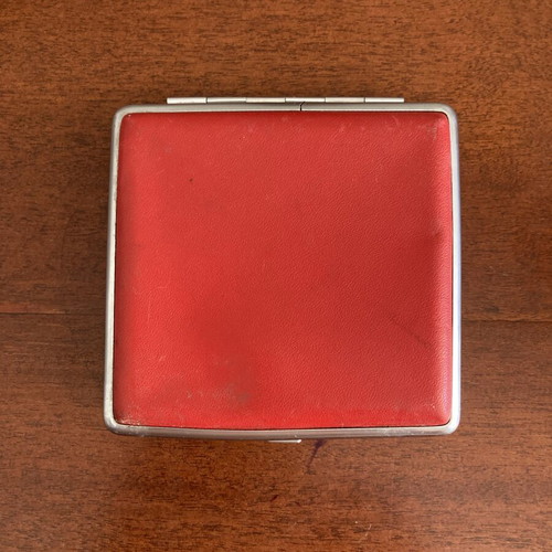 Vintage cigarette case used, red faux-leather and steel