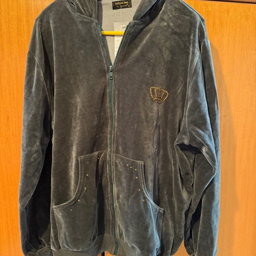 Velvet jacket dark gray with zipper, hood and rhinestones new