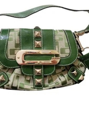 Guess Vintage 2000s Τσάντα Ώμου σαν καινούργιο, πράσινη και μπεζ βινύλ βέγκαν δέρμα