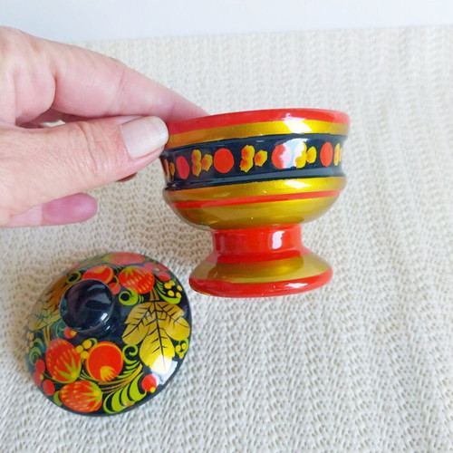 Vintage Russian Khokhloma wooden set like new, bowl and lidded box