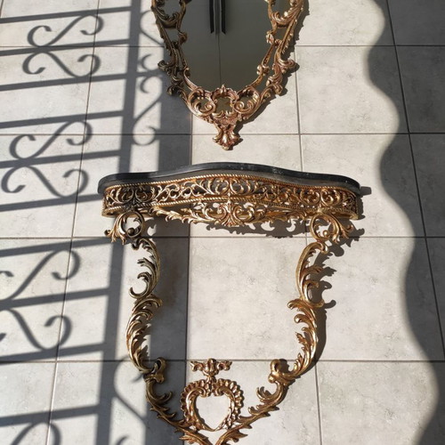 Entrance mirror used with marble and iron shelf