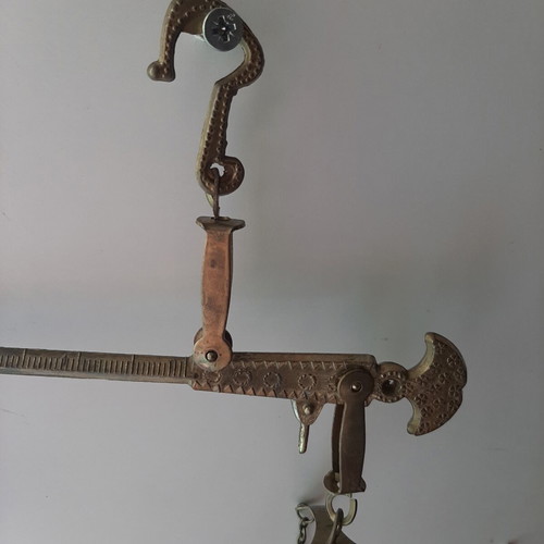 Vintage brass hanging steelyard balance with Parthenon design