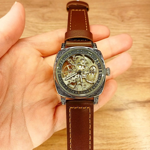 Mechanical automatic waterproof watch new, brown leather strap