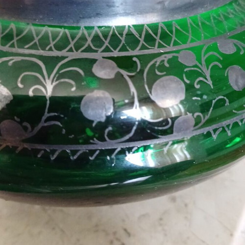 Decorative emerald glass bowl with handmade silver decoration like new