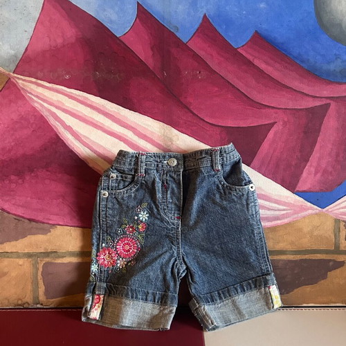 Mothercare baby girls denim shorts with floral embroidery like new, 3-6 months