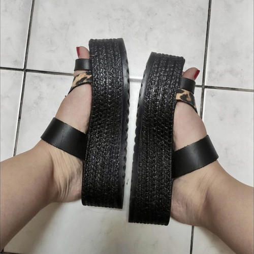 Genuine Leather Handmade Platform Flatform Sandals Black Leopard, Like New