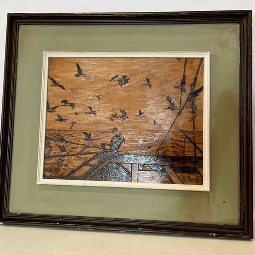 Vintage pyrography wall art with seabirds and artist signature, 49x55