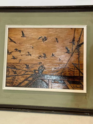 Vintage pyrography wall art with seabirds and artist signature, 49x55