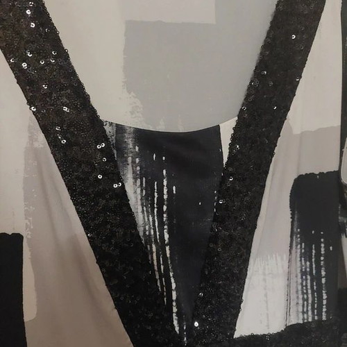 Long dress with sequins used, black and grey abstract pattern