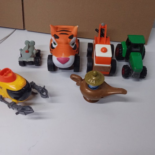 Children's toy set with submarine, cars, tractor, and magic lamp