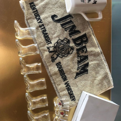 Jim Beam promotional set with shot glasses boots, classic glasses, pitcher, towel new