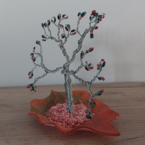 Decorative tree with wire and beads on orange leaf base new