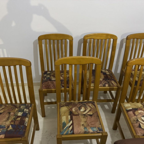 Set of 6 wooden dining chairs with upholstered seats