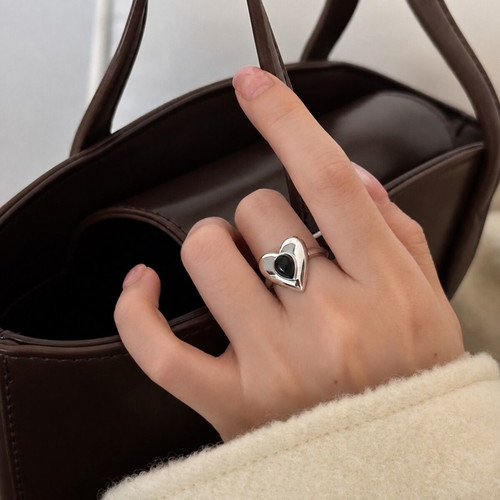S925 Silver Heart Ring with Black Stone, Adjustable