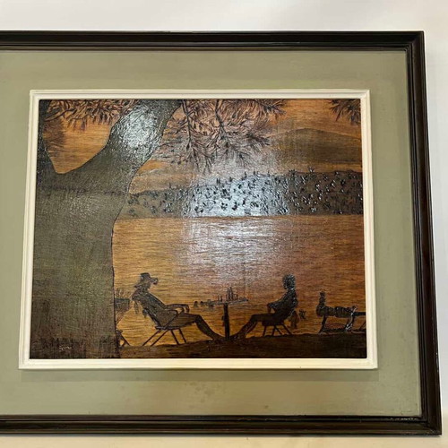 Vintage pyrography wall art used, picnic theme signed by artist K.M 57.5x66