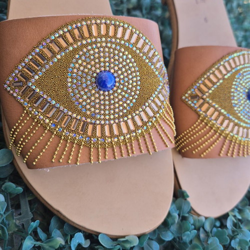 Handmade Evil Eye Sandals new, brown and gold platform