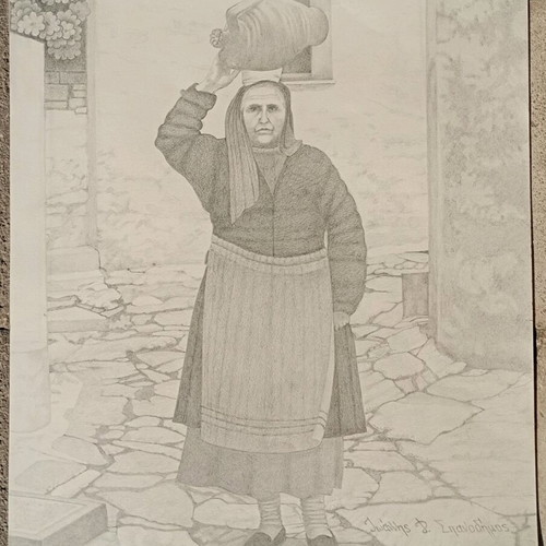 Pencil drawing of folkloric woman in traditional costume used