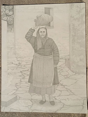 Έργο τέχνης μεταχειρισμένο, σχέδιο μολύβι σε χαρτί με γυναίκα σε παραδοσιακή ενδυμασία