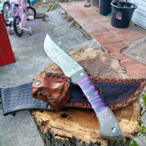 Handmade kukri style hunting knife Damascus steel with leather sheath