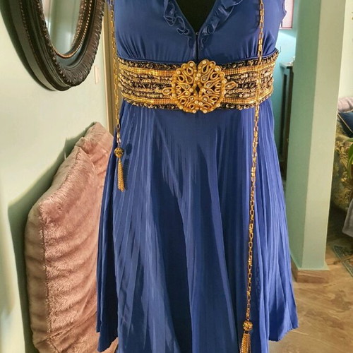 Women's dress like new, electric blue with gold designs and embroidered belt