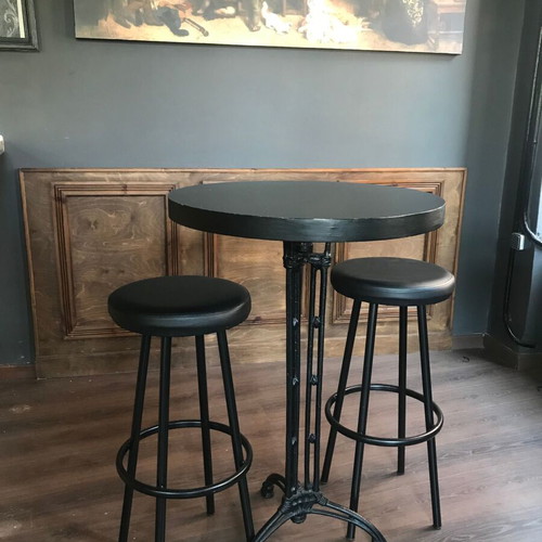 Coffee bar equipment set like new with stools, stands, tables, and marble counter