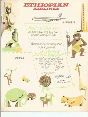Ethiopian Airlines Vintage Official Equator Cross Certificate like new