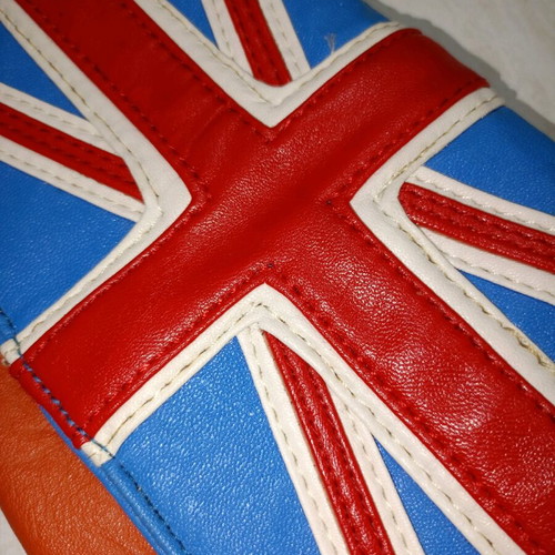 Leather London clutch bag new, handheld, blue and orange